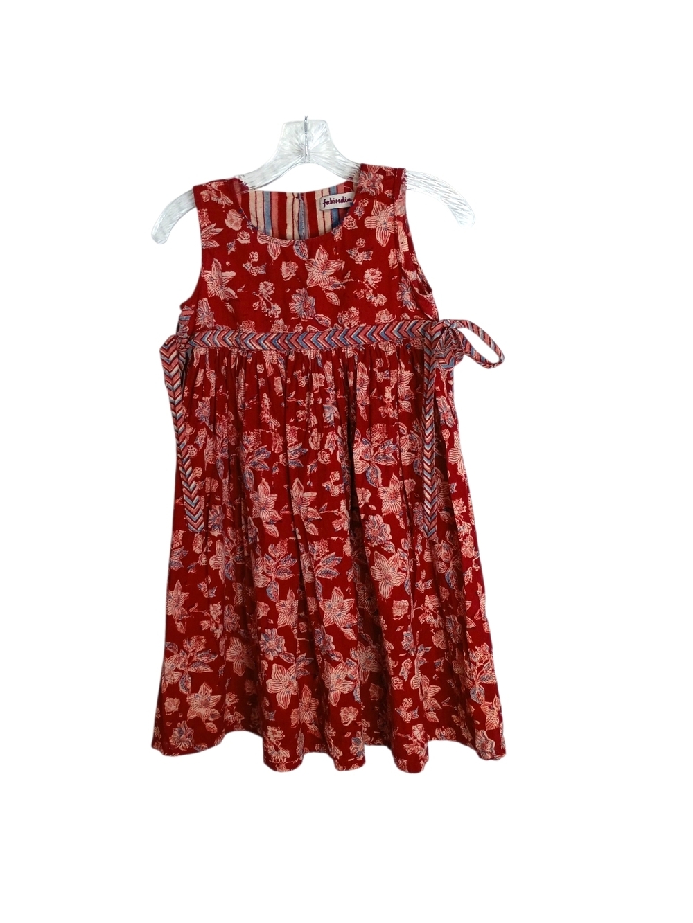 Favindia - Red Floral Kids Dress with Waist Tie - Size 10/12